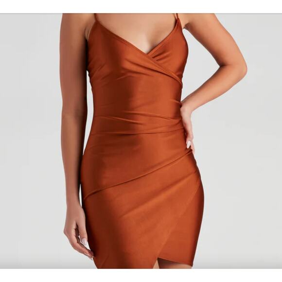 Windsor M Copper Silky Satin Faux Wrap Asymmetrical Spaghetti Strap Mini Dress - Picture 2 of 8